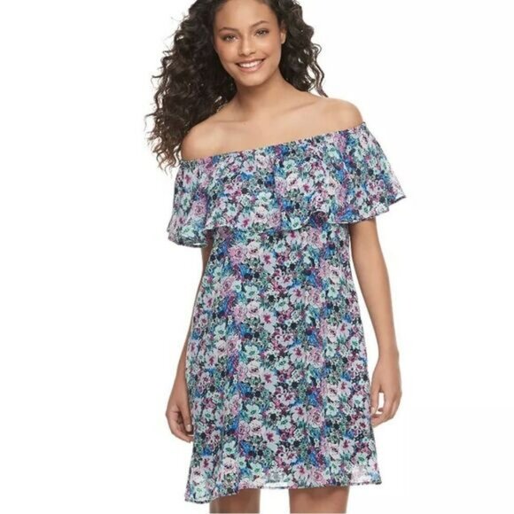 Speechless Sheer Floral Off The Shoulder Ruffle Fully Lined Mini‎ Dress Size XS - Picture 1 of 8